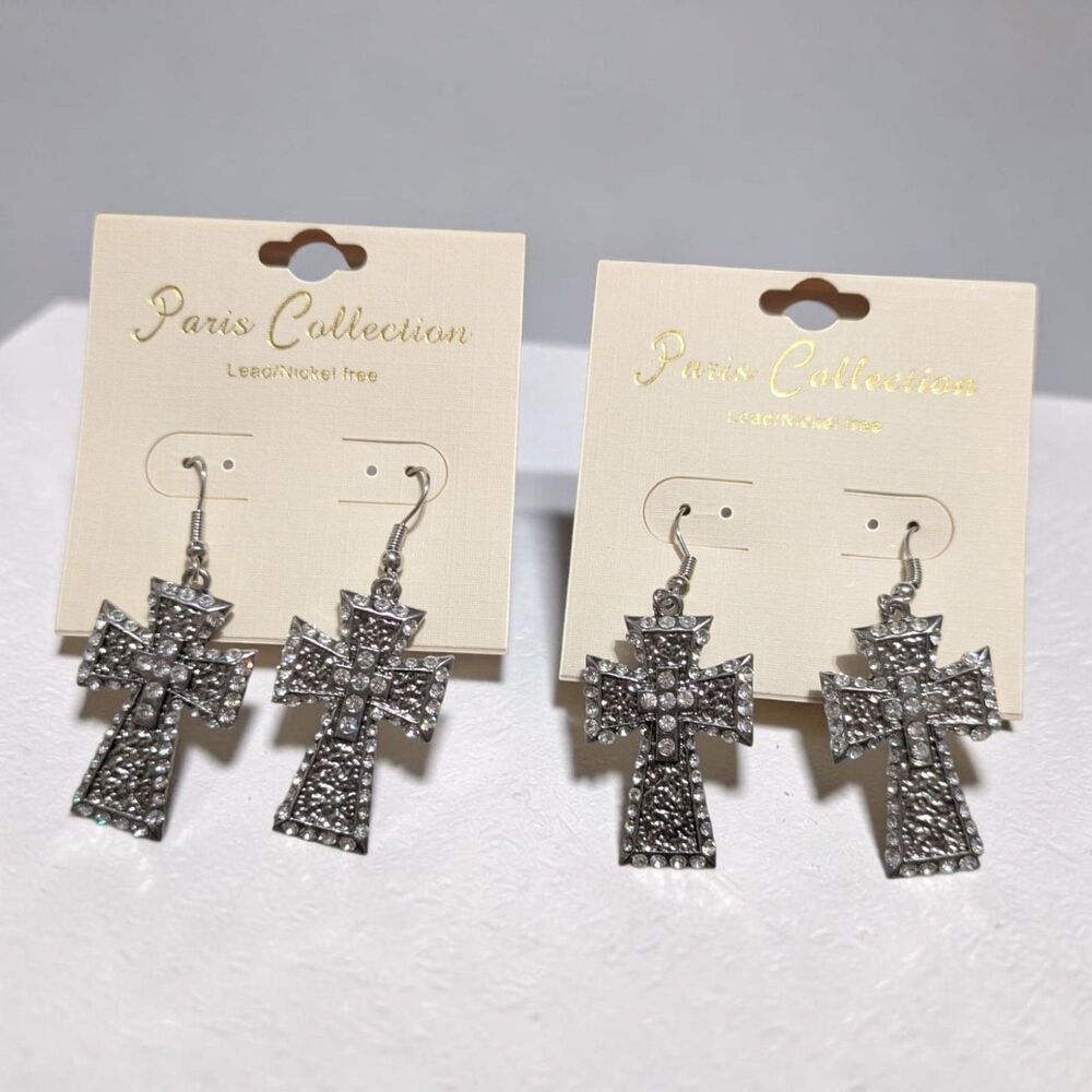 Paris Collection Rhinestone Cross Earrings Silver Tone Western Christian 2 Pair